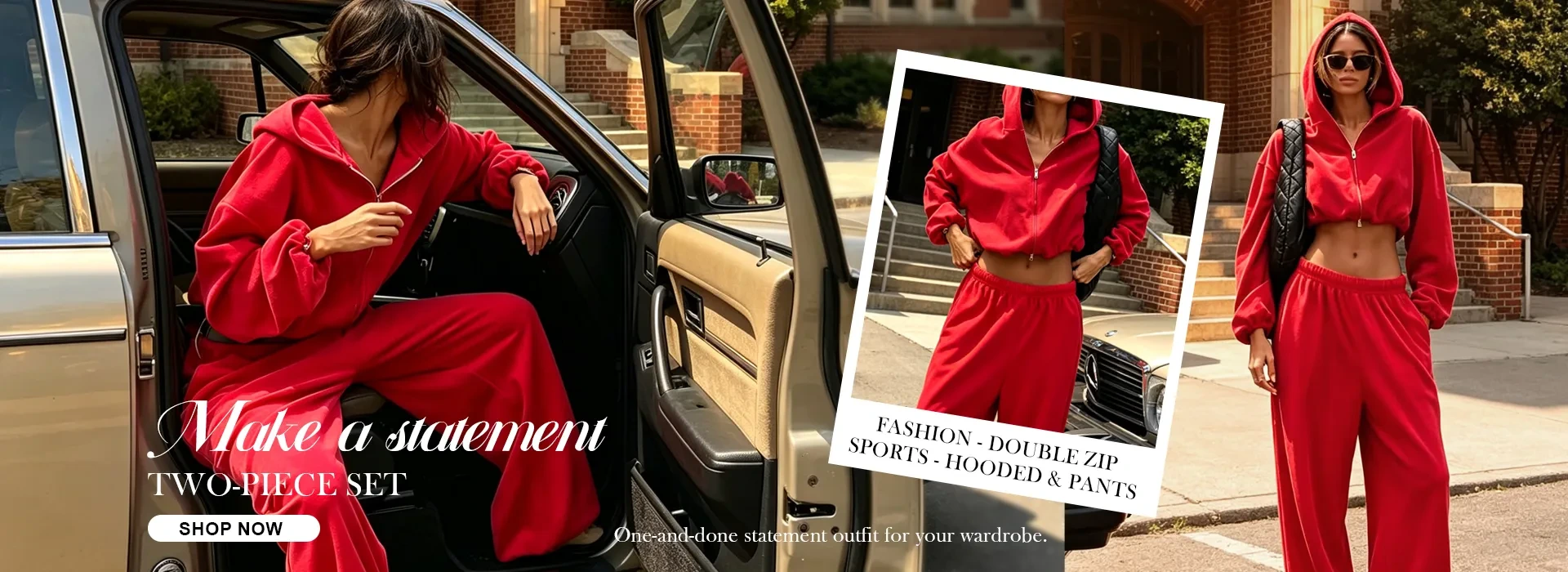 Two-piece collection — red hooded top and matching trousers